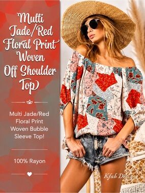 Multi Jade/Red Floral Print Woven Off Shoulder Top